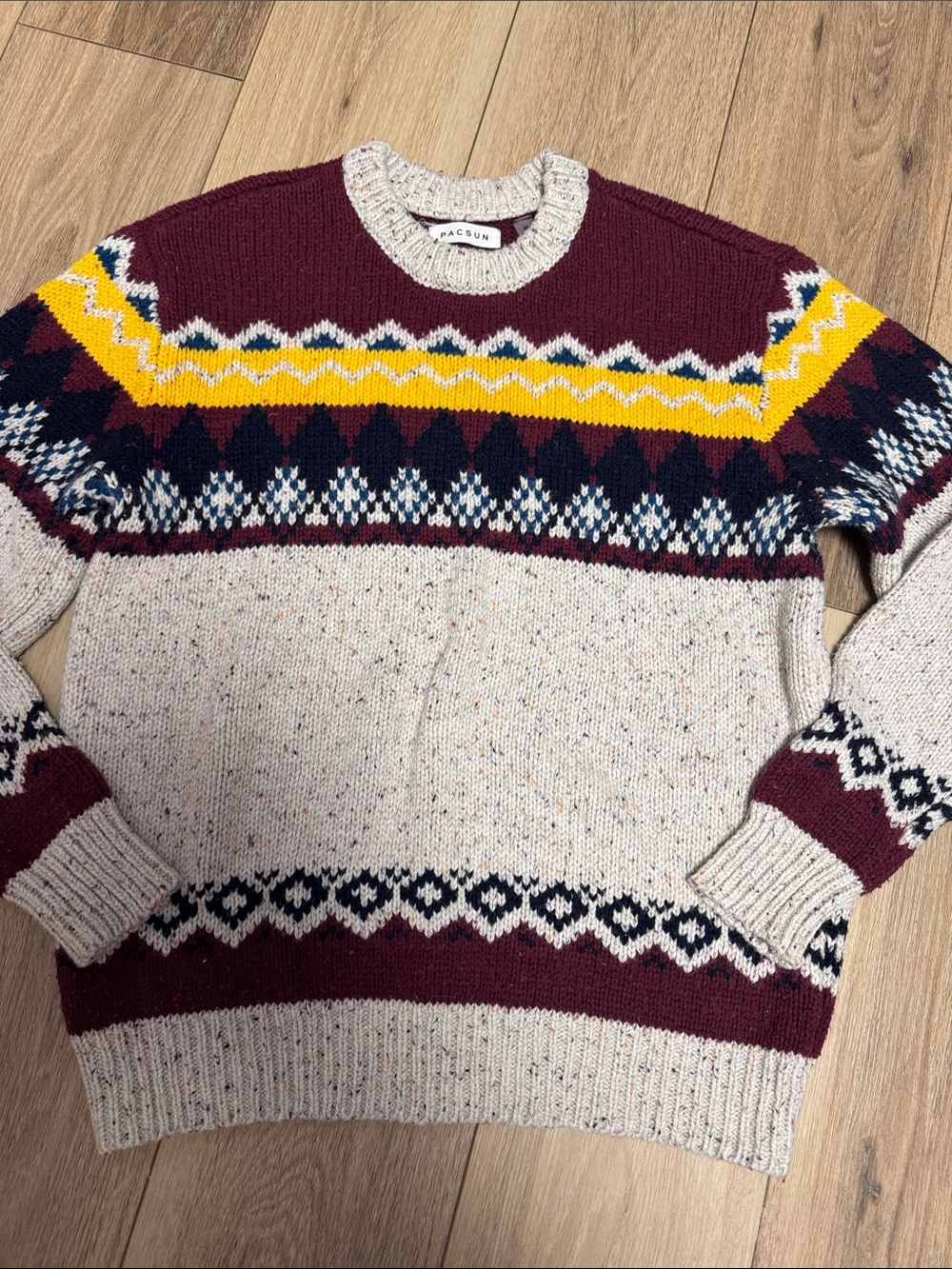 PacSun M UNISEX Cream, Burgundy & Yellow Fair Isle Crewneck OVERSIZED Sweater